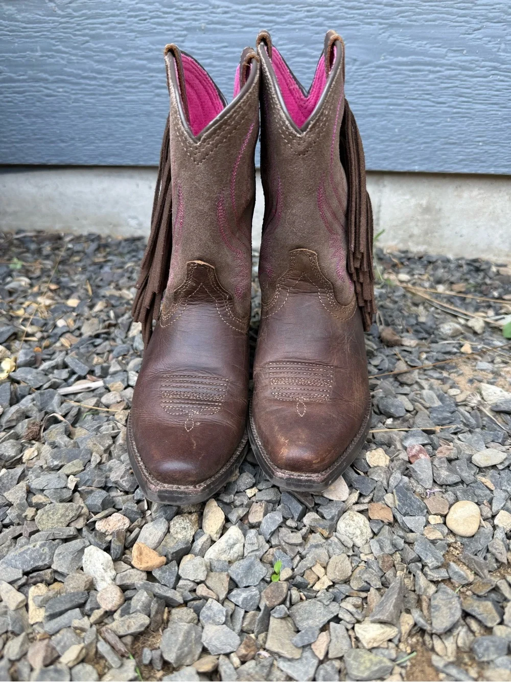 Ariat Girls Size 10 Brown Leather Pink Fringe Western Cowboy Boots